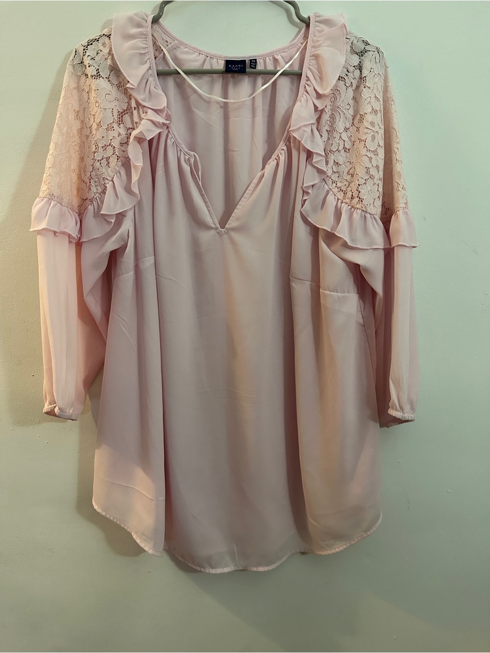 Kaari Blue Pale Pink Lace Ruffle V-Neck Tunic